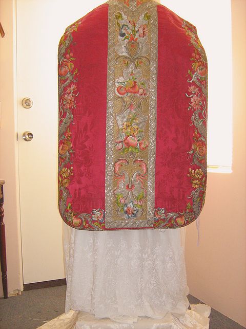 SOLD * SOLD * NO LONGER AVAILABLE Richly Embroidered Antique Vestment set in Red Silk Damask